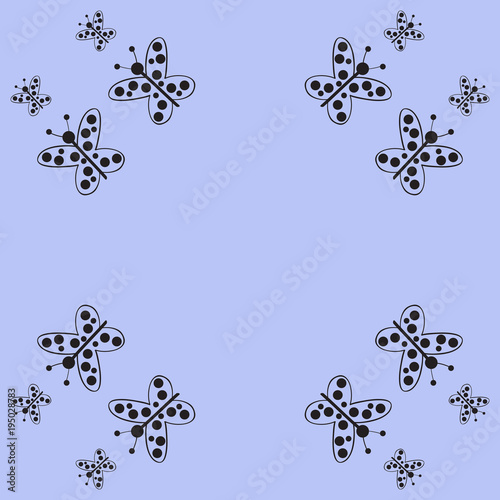 Butterfly with ellipses , colorless pattern, copy space . Hand drawn.
