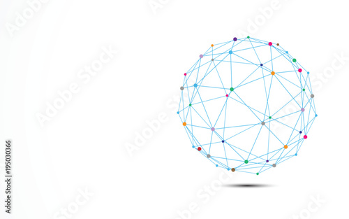 Abstract blue wire frame with colorful dots connection node. Technology and Science concept. photo