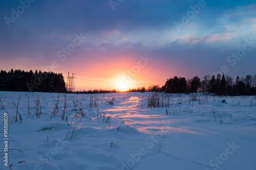 Colorful Landscape Of Sunset In Winter With Dramatic Sky In Violet And Pink Colors.