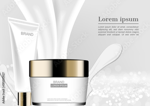 Skincare set on milk splash on white glitter background