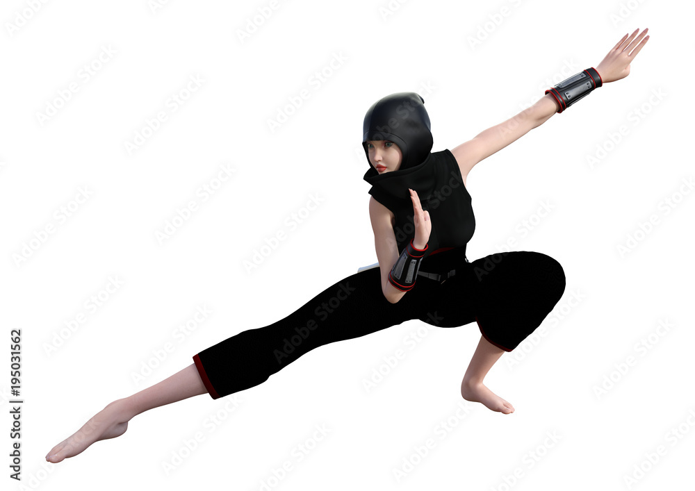 3D Rendering Female Ninja on White