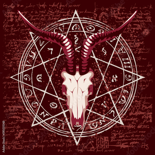 Vector banner with illustration of goat skull and pentagram with magical inscriptions and symbols on the background of old manuscript with spots in retro style