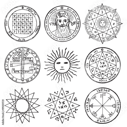 Vector set of occult, mystic, spiritual, esoteric vector symbols with stars, crosses, sun and the face of the Almighty. Spiritual masonic tattoo symbols, illustrations of spiritual religion signs
