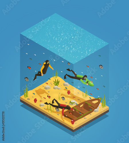 Scuba Divers Underwater Isometric Composition 