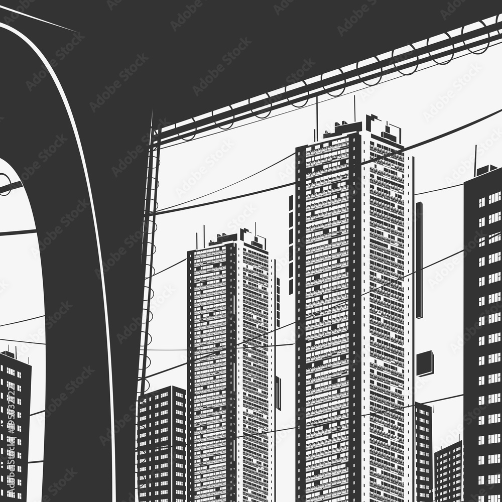 Vector Illustration Urban Panorama Skyscrapers and Bridge Graphics