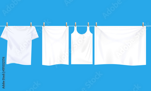 Bright white clothes hanging out on wire to dry. Realistic Illustrated vector.
