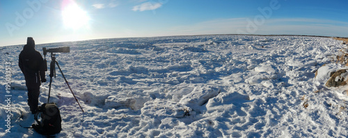 A PHOTOGRAPHER WAITING FOR POLAR BEAR AT FROZEN HUDSON BAY, MANITOBA, CANADA photo