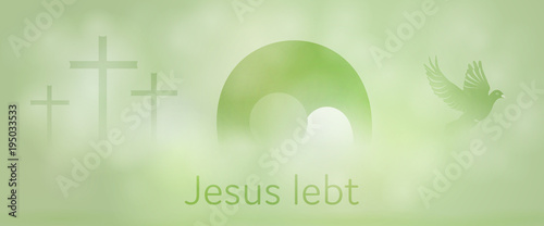 Easter background. Three crosses, empty tomb and dove with text : Jesus is Risen (in German).