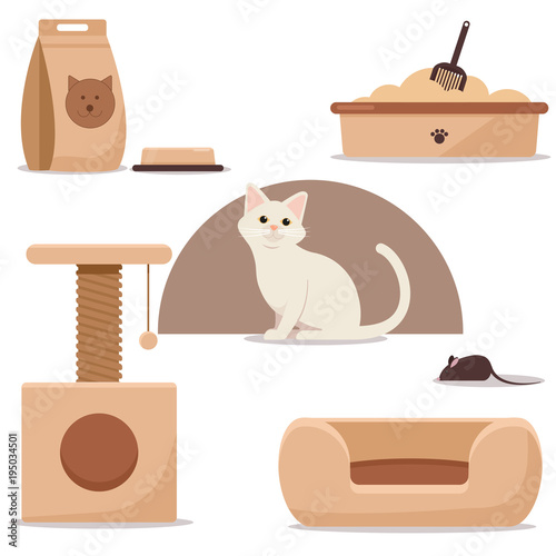 A beautiful cat with a bowl, a toilet, a forage, a couch, a small house. Vector flat illustration. Isolated objects.