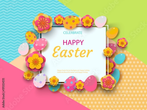 Easter card with square frame, spring flowers and flat easter icons on colorful modern geometric background. Vector illustration. Place for your text.