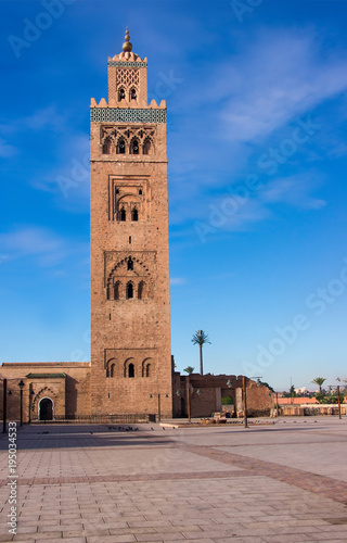 Great Koutoubia mosque in the background blue sky in Marrakesh, Morocco early morning