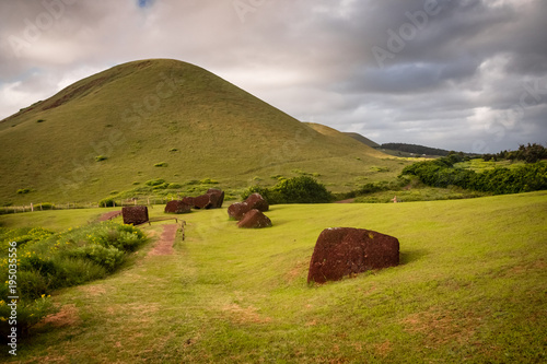 Pukaos quarry in Easter Island, the hats of the moais photo