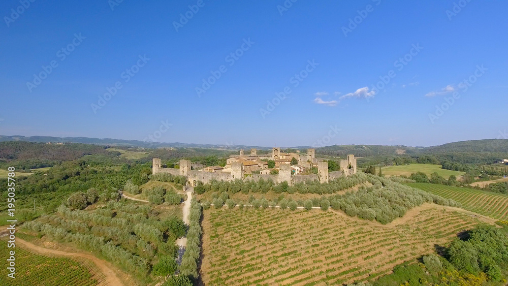 Monteriggioni, Tuscany. Awrial panoramic view of city and countryside