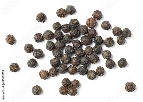 dried black peppercorns isolated on white, top view.