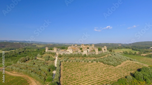 Monteriggioni  Tuscany. Awrial panoramic view of city and countryside