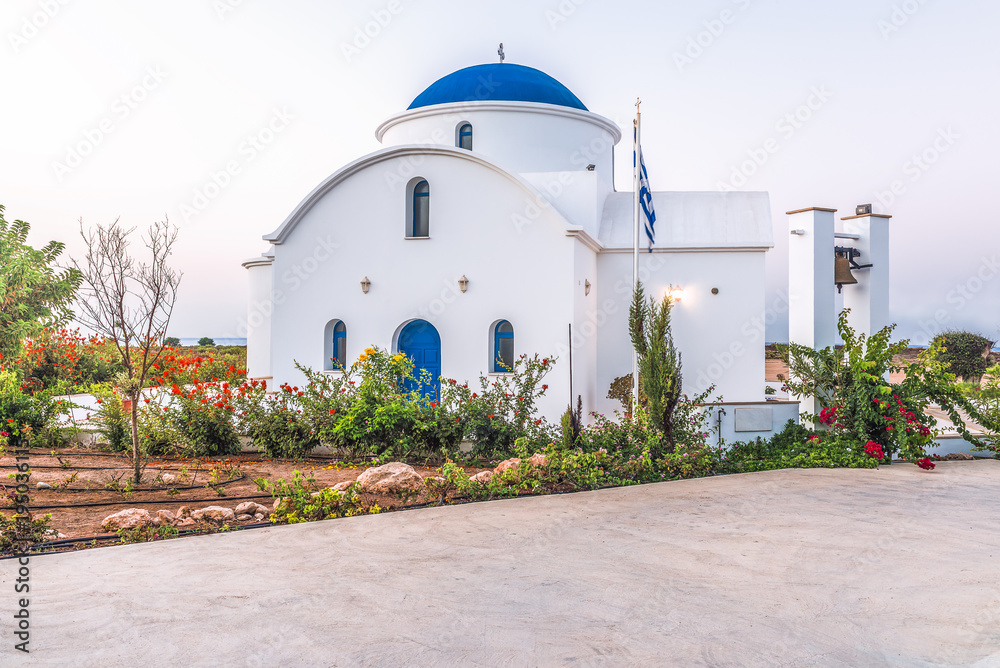 The multi Denominational Church of St Nicholas on a shore closeup in Paphos, Cyprus.