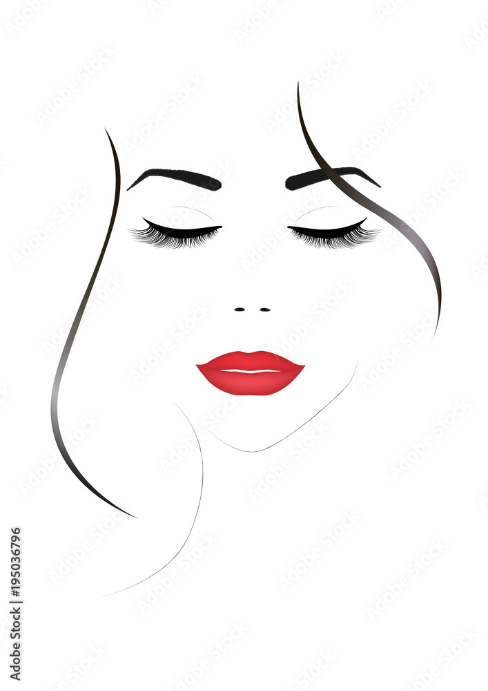 smiling beautiful woman face with closed eyes and red  lips, vertical vector illustration