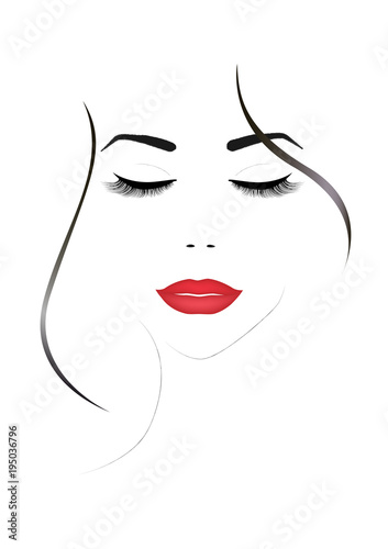 smiling beautiful woman face with closed eyes and red  lips  vertical vector illustration