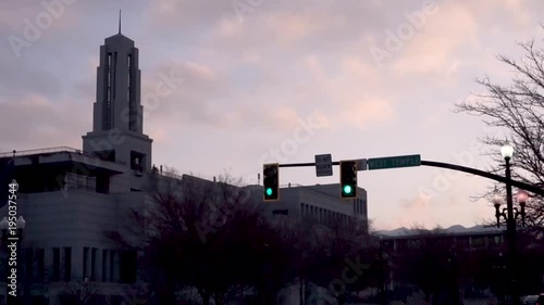 Street signage on North Temple Street in Salt Lake City Utah with the LDS Conference Center in the background at dawn on a beautiful morning photo