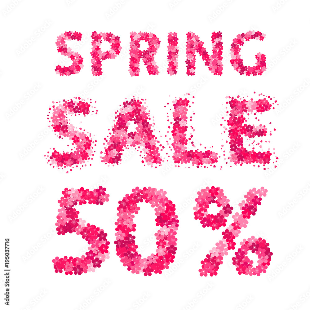 Spring sale banner. 50% discount sign. Numbers and letters made of flowers. Easy to edit vector design template.