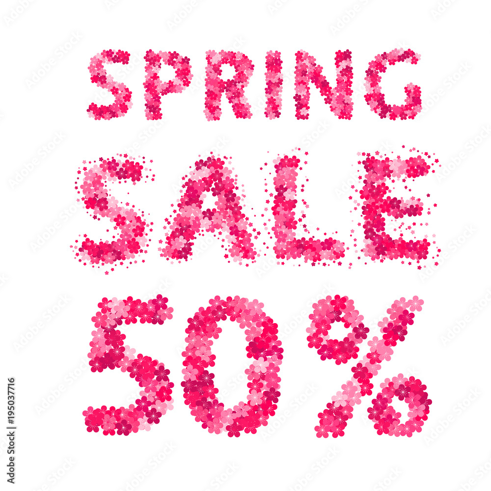 Spring sale banner. 50% discount sign. Numbers and letters made of flowers. Easy to edit vector design template.