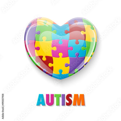 World autism awareness day. Colorful glass heart made of puzzle pieces. Symbol of autism. Vector Illustration