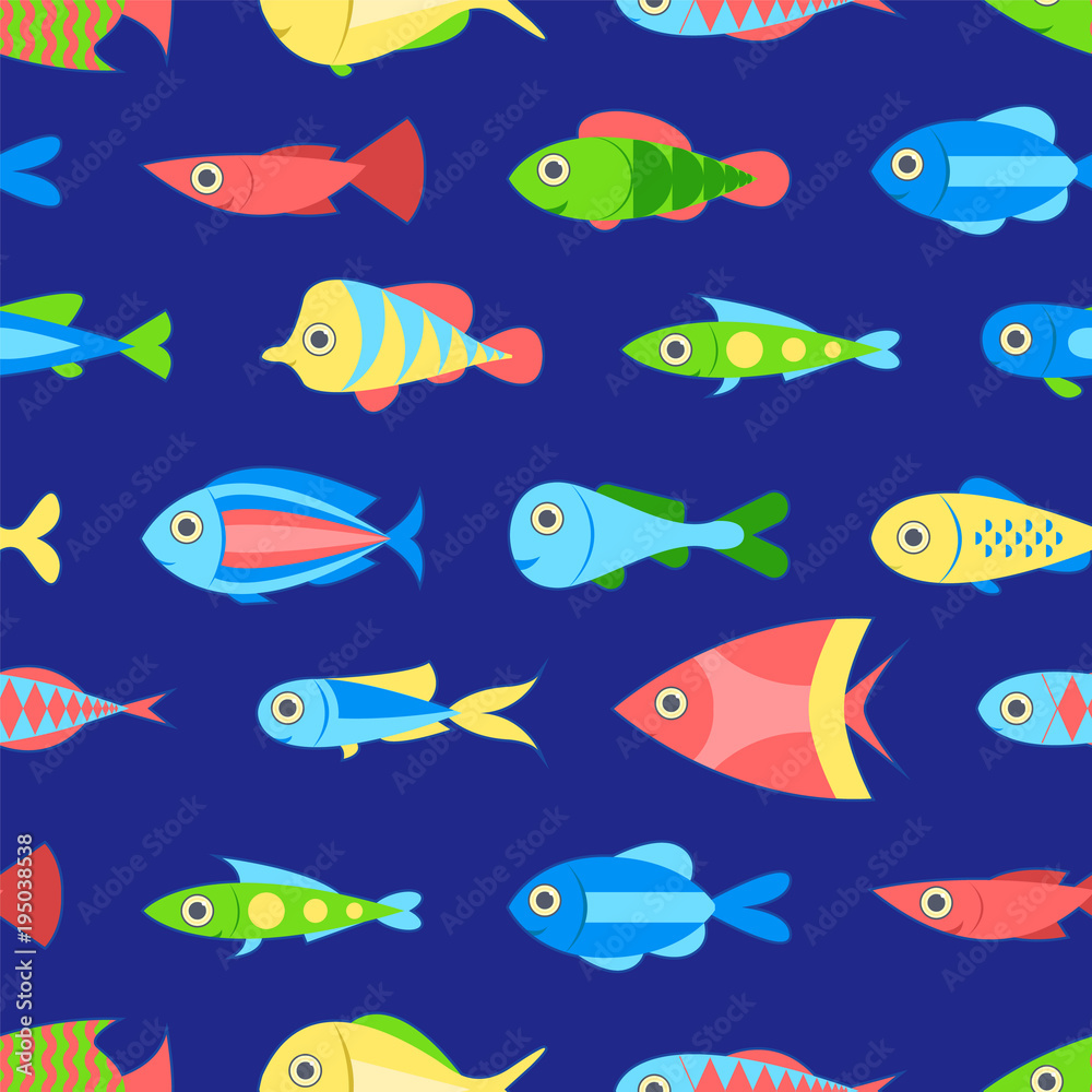 Naklejka premium Shoal of fishes. Seamless pattern. The cartoon style. Vector illustration.