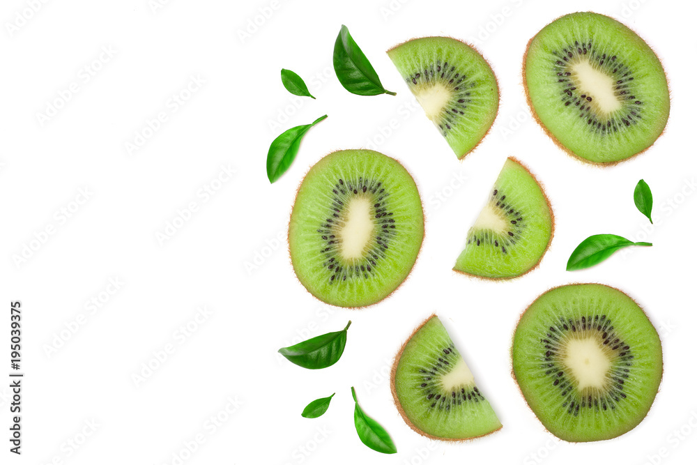 Fototapeta premium Kiwi fruit with slices isolated on white background with copy space for your text. Top view. Flat lay pattern