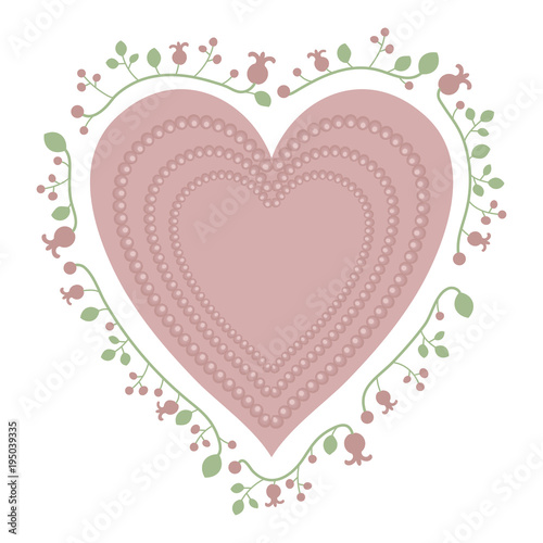 pink delicate princess heart with pearl contours surrounded by floral patterns isolated on white background