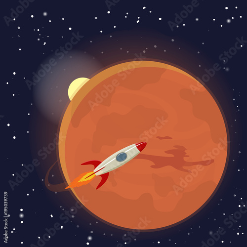 Mars orbit and rocket. Vector Illustration.