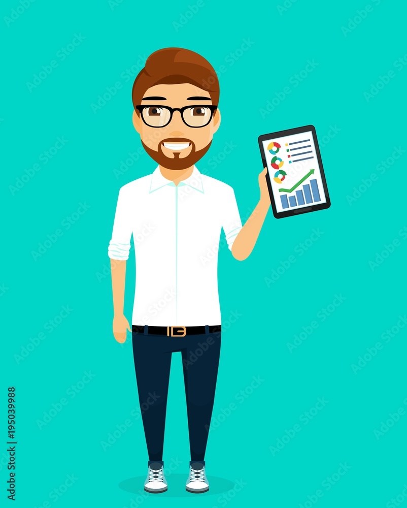 The employee demonstrates the graphics on the tablet. Technologies in business and everyday life. Business concept. In flat style. Cartoon. The employee demonstrates the graphics on the tablet. Technologies in business and everyday life. Business concept. In flat style. Cartoon.