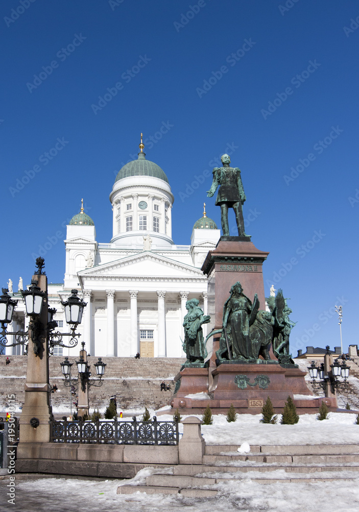 Lutheran Helsinki cathedral and monument to Russian Emperor Alexander II, Finland..