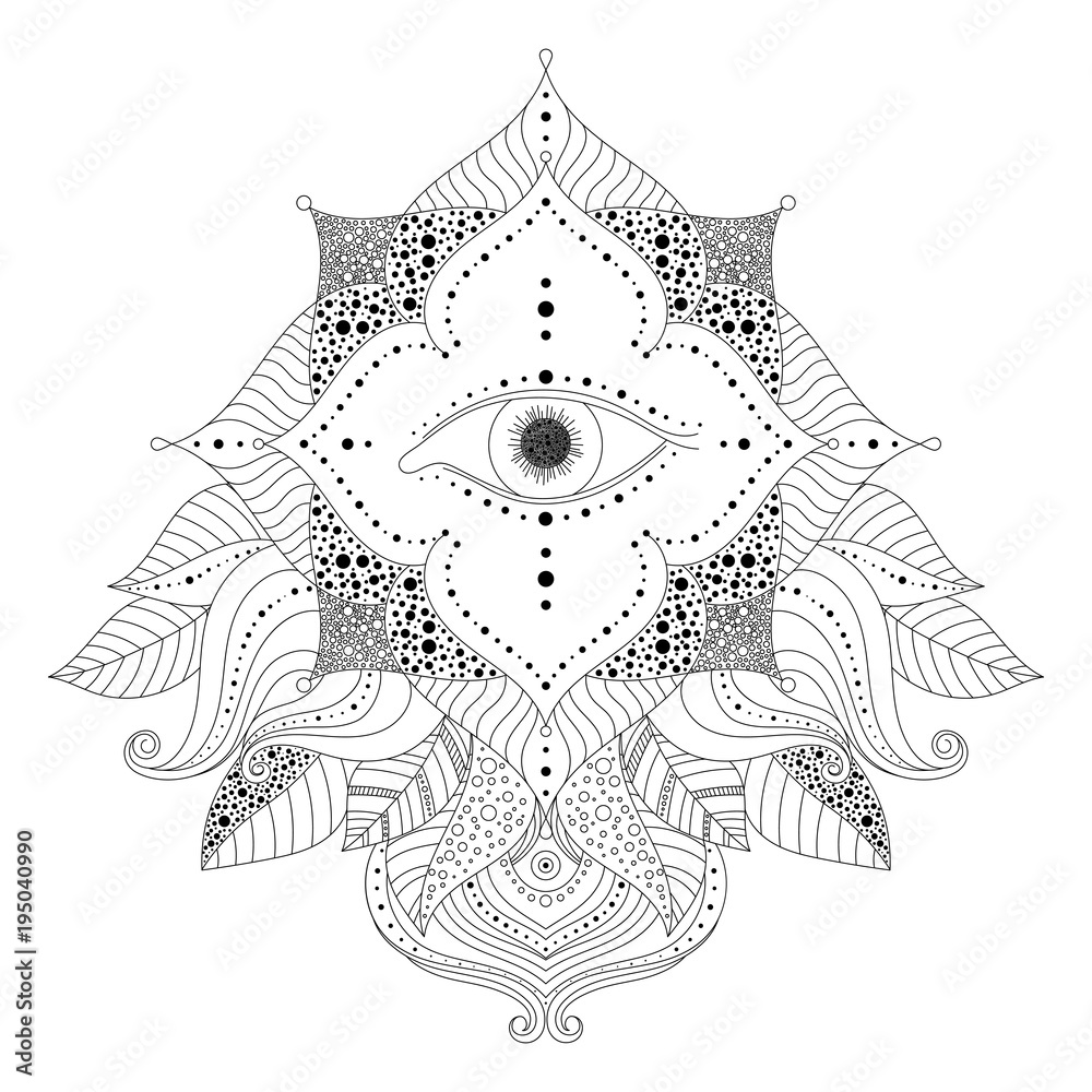 Hand drawn black and white design element with magic eye inside flower, and leaves in boho style. Isolated ornament, vector illustration. Can be used for a tattoo, print, astrology, coloring book.