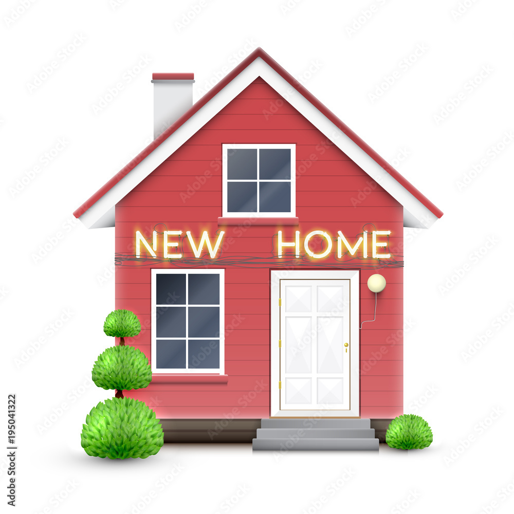 Realistic house with 'NEW HOME' sign, vector.