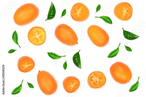 Cumquat or kumquat with half isolated on white background. Top view. Flat lay pattern