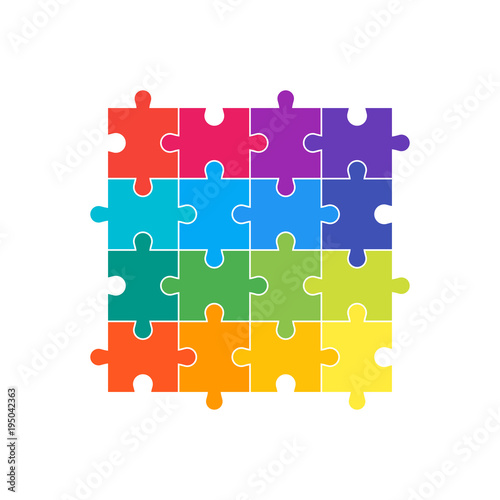 A set of 16 parts of a puzzle of different colors. The concept of infographic. Business idea. Vector illustration