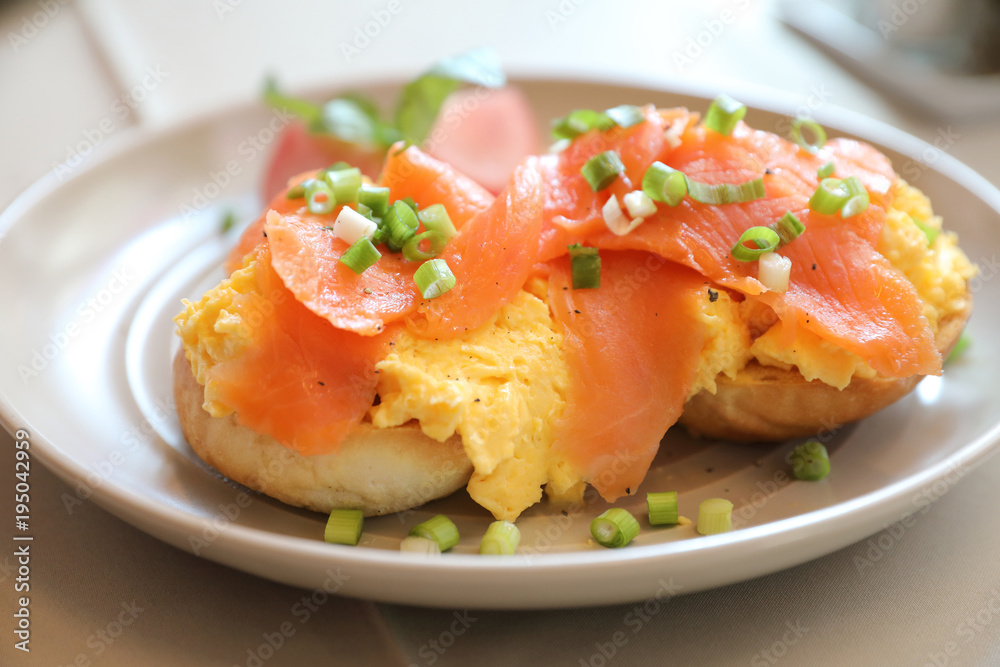 Scrambled eggs with smoked salmon on toast , Breakfast food Scrambled eggs with smoked salmon on toast , Breakfast food