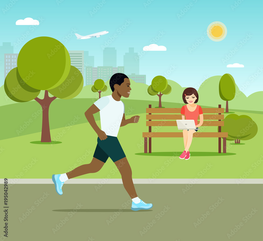 Young woman sitting on the bench and working with laptop and Running afro american man in the park. Vector flat style illustration.
