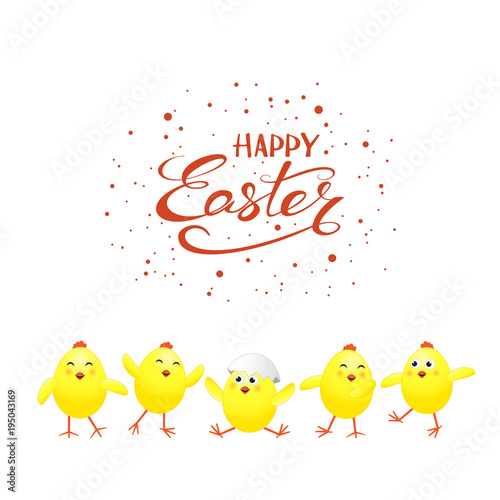 Five yellow chickens on white background and text Happy Easter