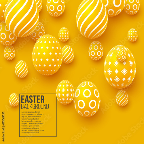 Abstract Easter yellow background. Decorative 3d eggs. Vector illustration.