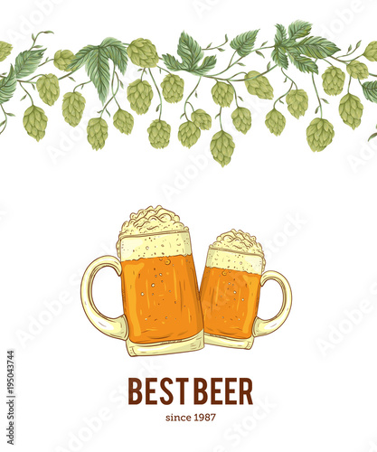 Seamless border with hops and glasses of beer. Cones, leaves and branches. Isolated elements. Vintage hand drawn illustration in watercolor style