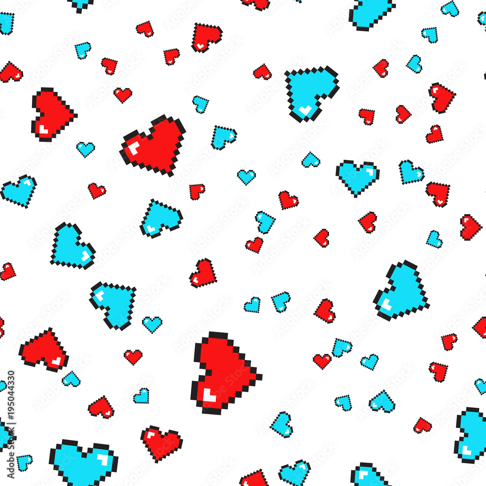 Seamless pattern with pixel hearts. Valentines day. Vector background.