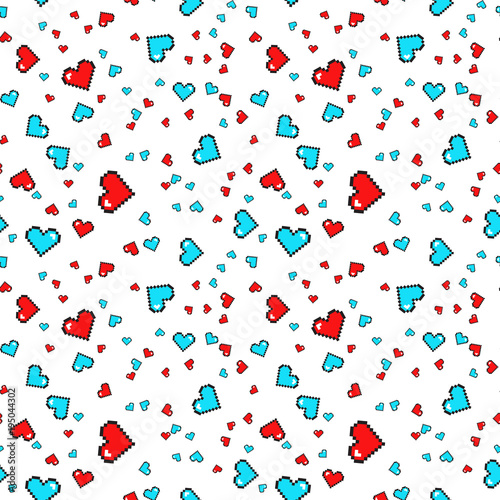 Seamless pattern with pixel hearts. Valentines day. Vector background.