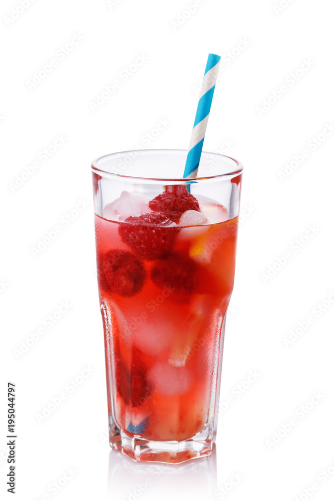 Fresh drink with raspberries, slices of lemon and ice isolated on white background Fresh drink with raspberries, slices of lemon and ice isolated on white background
