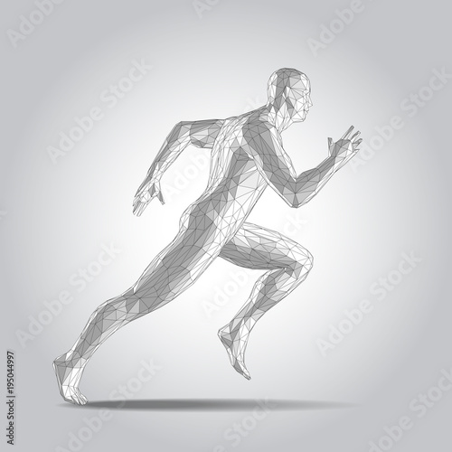 3D polygonal human body. Sprinter Running figure on white background