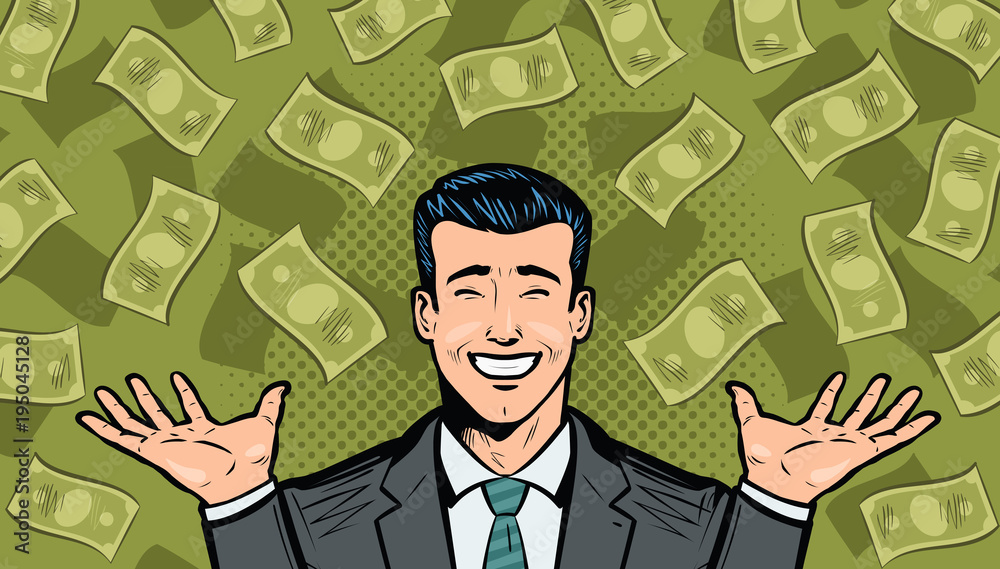 Successful businessman and dollars. Wealth, winning, success or earnings concept. Cartoon in pop art retro comic style, vector illustration