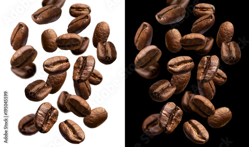 Falling coffee beans isolated on white and black background