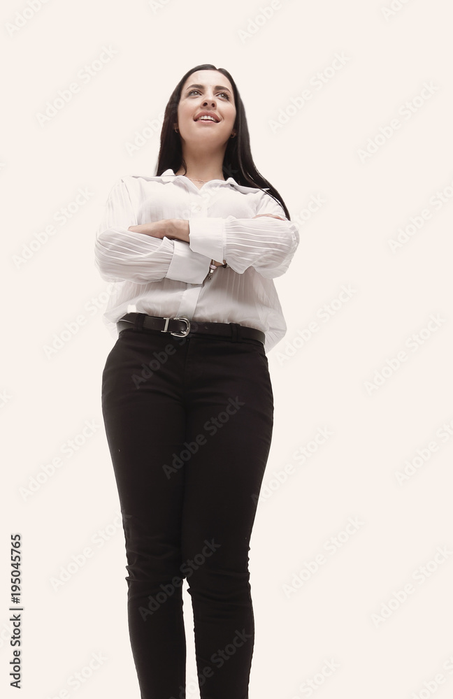 view from below. in full growth. successful young woman. view from below. in full growth. successful young woman.