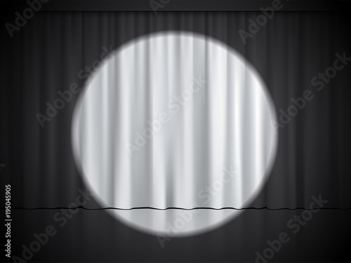 Cinema, theater or circus stage with spotlight on white curtains. Vector background.