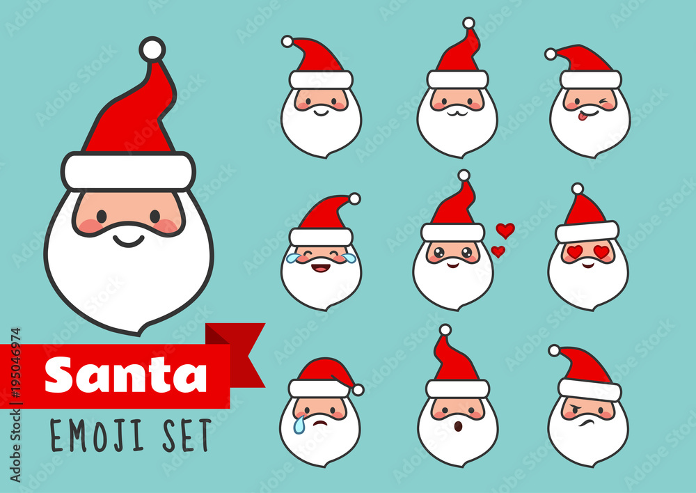 Vector cartoon simple flat line Santa Claus emoji set. Cute and funny different emotions Santa face stickers avatar portrait collection. Festive Christmas theme character design elements isolated.